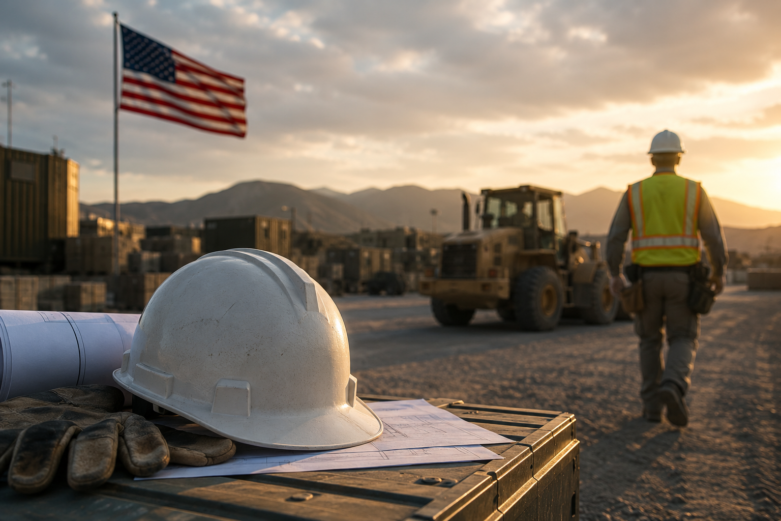 Man walking away, hard hat up close