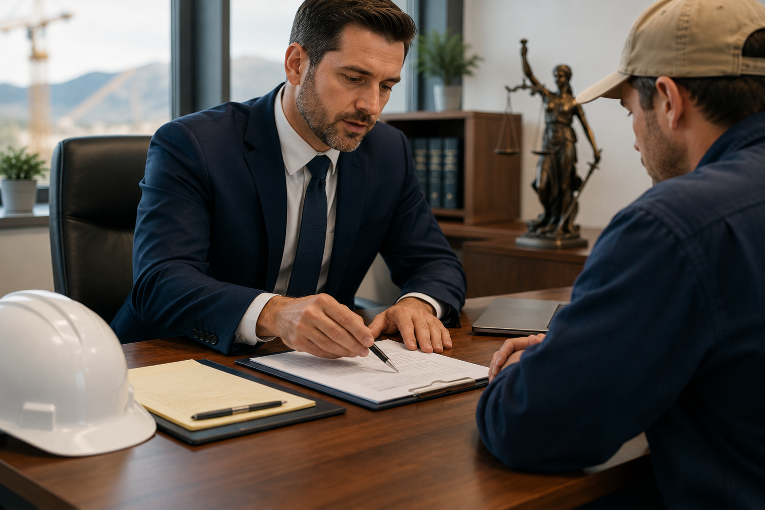 Lawyer and worker sitting at desk